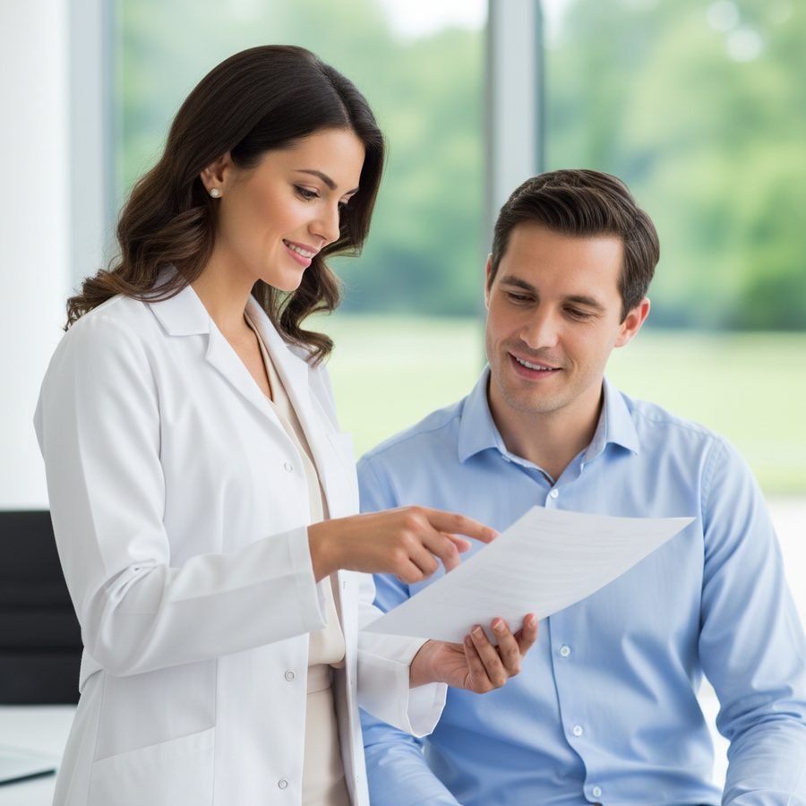 Perita médica analisando documento com cliente em ambiente profissional
